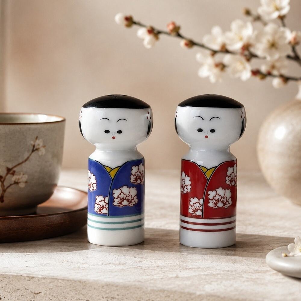 Vintage Japan Kokeshi Doll Salt Pepper Shakers Red Blue Floral Kimono Porcelain